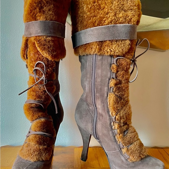 Nicole Miller New York Shearling Platform Boots with Fur Trim